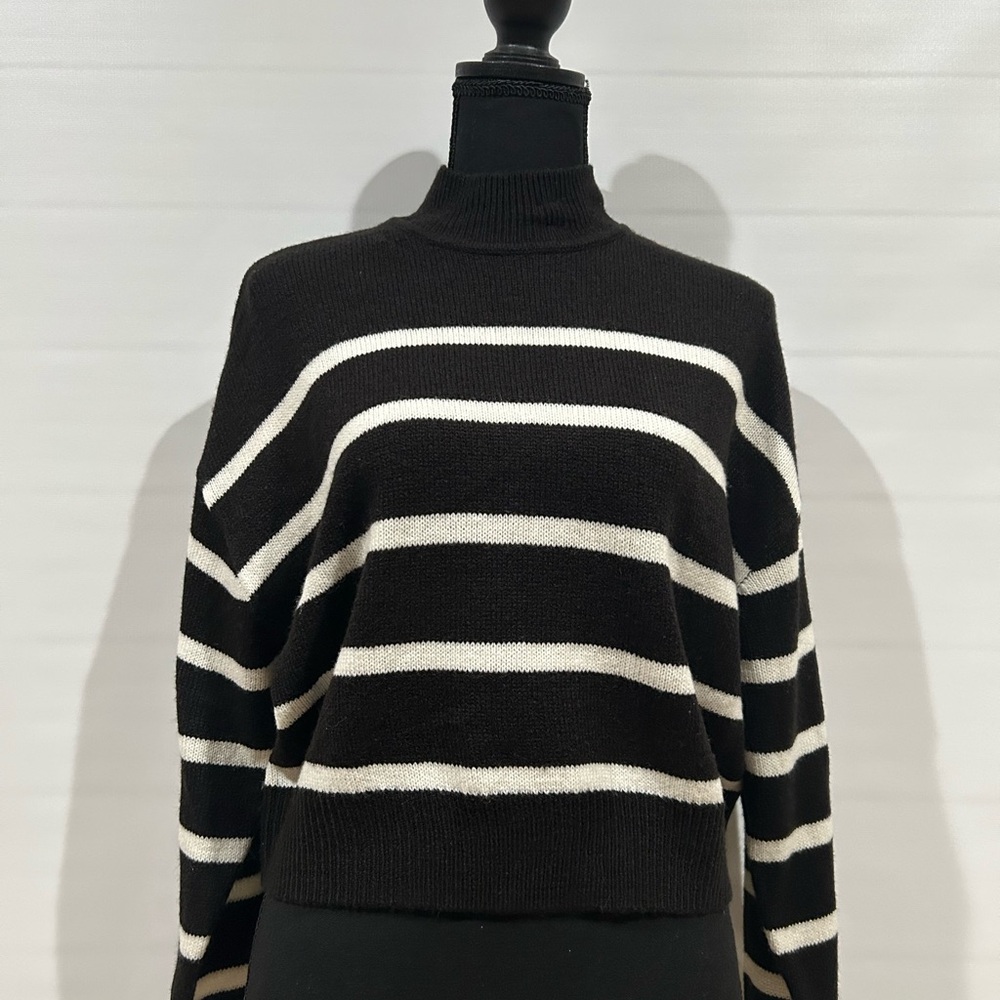 H&M Black and Cream Striped Turtleneck Sweater